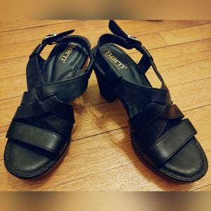 Børn Carmo Woven Strap Leather Wedge Sandals – Size 36 – Black – Full‑Grain Leat